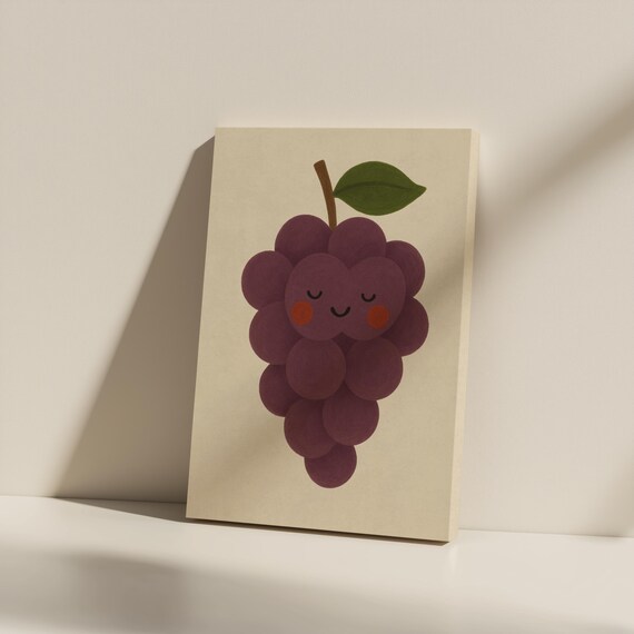 Smiling Grape Canvas Wall Art Unframed Matte Fruit Print For Kitchen Nursery Or Playroom Cute Vintageinspired Decor