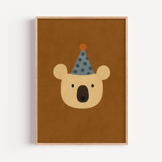 Party Bear Rolled Poster Minimalist Nursery Animal Wall Art Unframed Cute Decor For Kids Room Playroom
