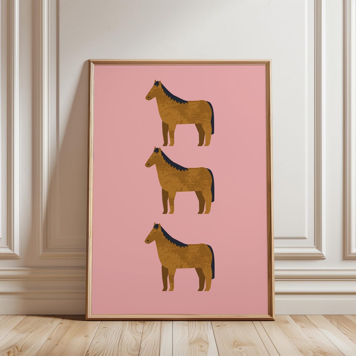 Three Brown Horses on Pink Background Playful Horse Art Poster