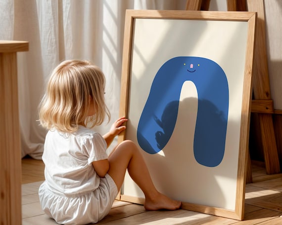 Blue Smiley Character Minimalist Playful Kids Nursery Wall Art