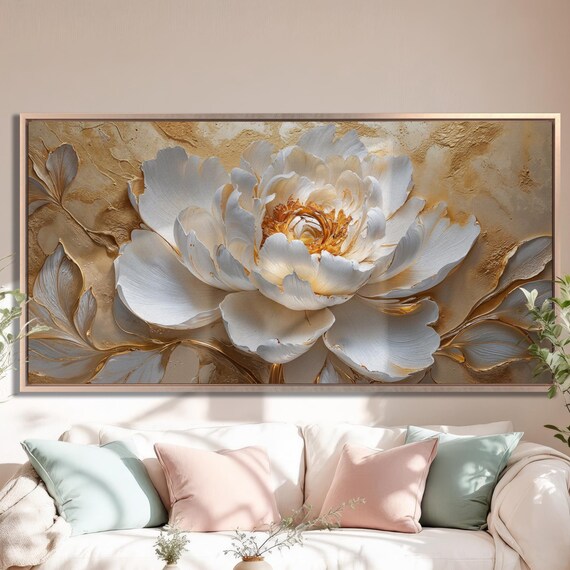 Elegant Peony Wall Art Luxury Flower Painting Print White And Gold Floral Wall Decor Modern Artwork Botanical Poster Ready To Hang