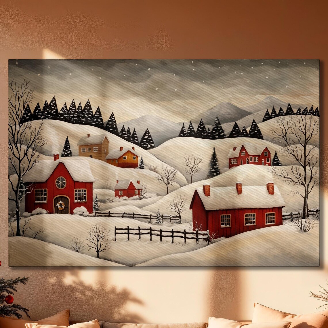 Red Farmhouses In Snow Whimsical Winter Village Folk Art Poster