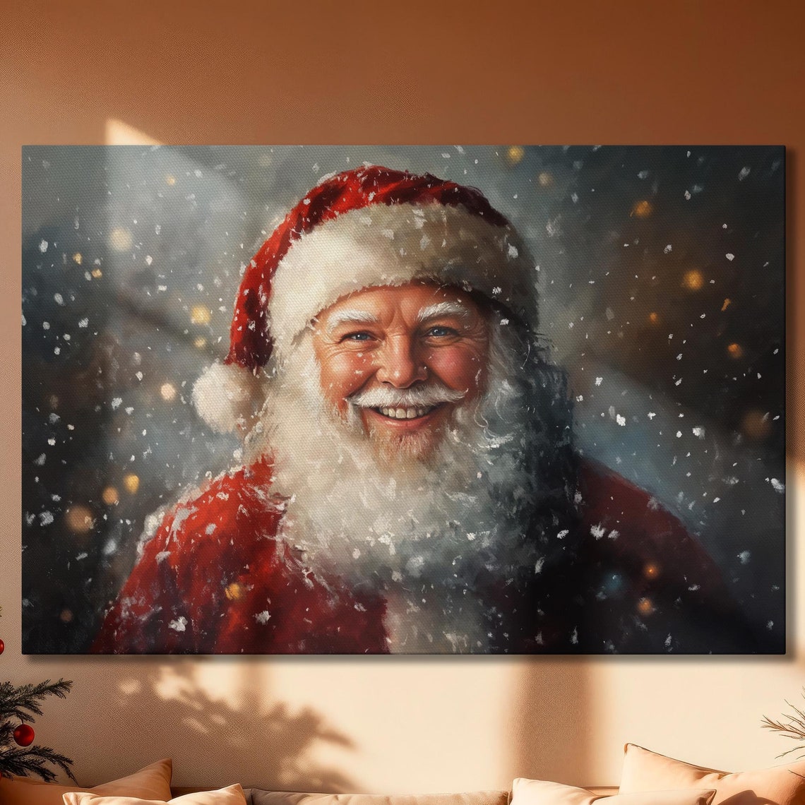 Smiling Santa Claus Portrait In Falling Snow Cheerful Holiday Poster
