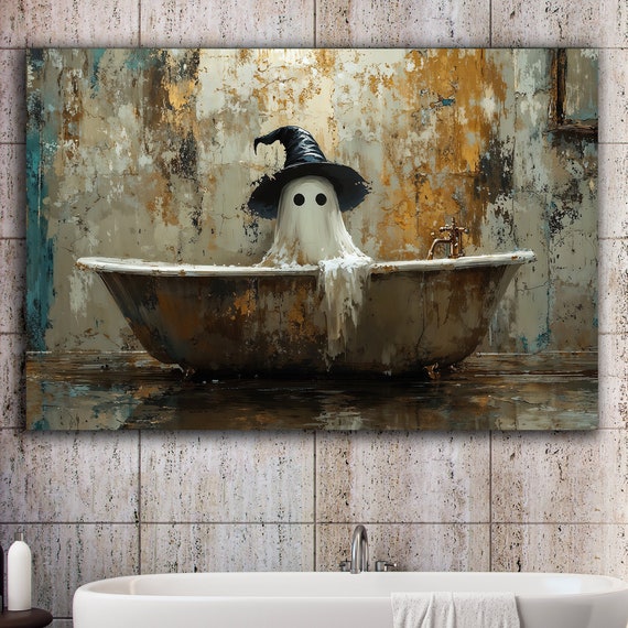 Creepy In Witch Hat Canvas Wall Art Spooky Halloween Decor Haunted Bathroom Painting Print Abstract Poster Ready To Hang