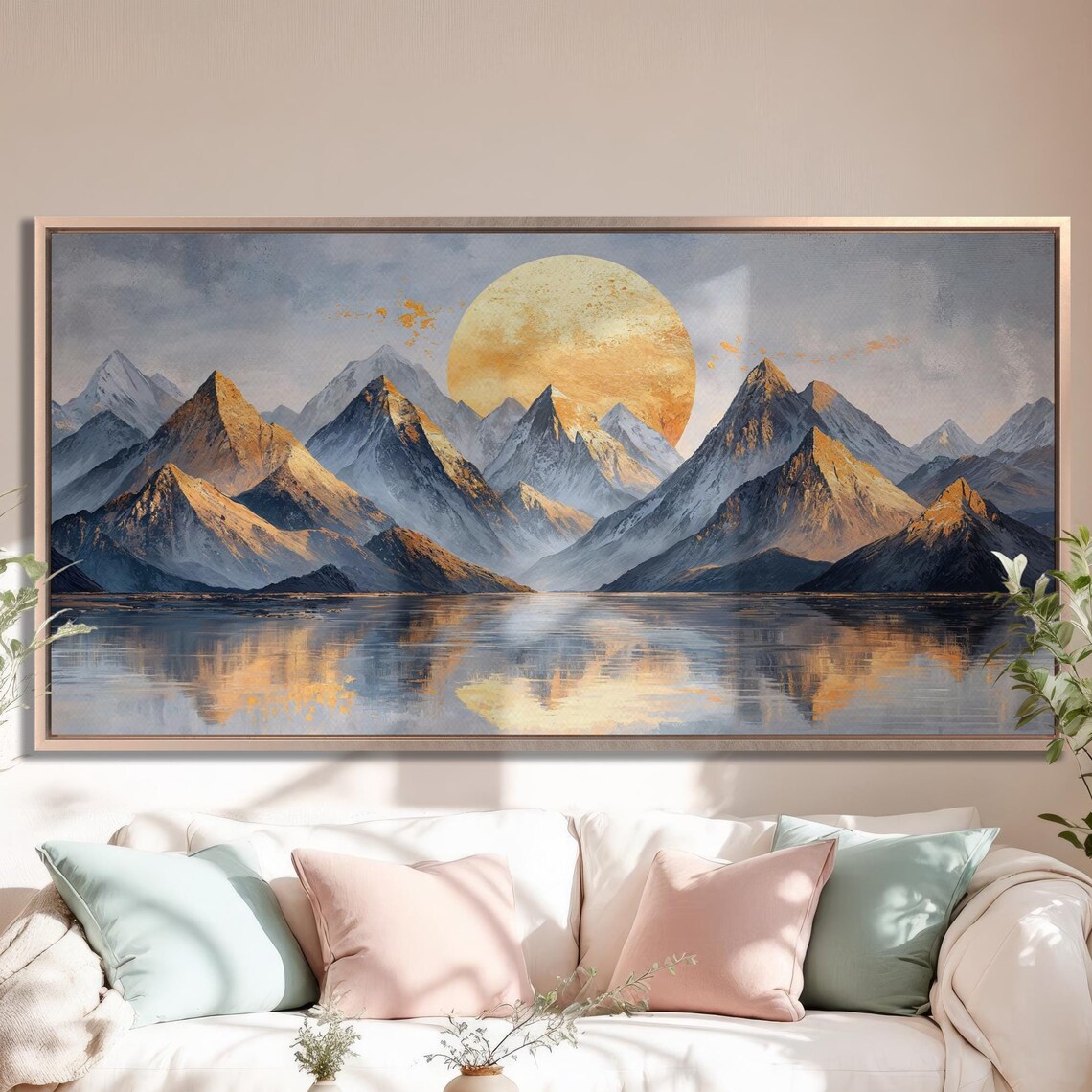 Golden Sun Rising Over Mountain Lake Panorama Serene Art Poster