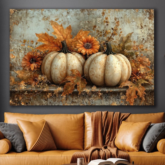 White Pumpkins Canvas Wall Art Halloween Decor Autumn Harvest And Orange Leaves Painting Print Rustic Flowers Poster Gift Ready To Hang