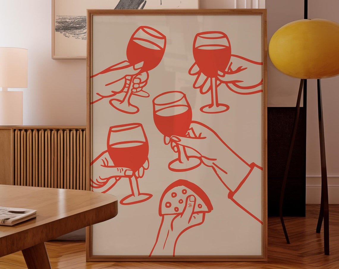 Bold Red Line Art Wine Toast Cheers with Cheese Kitchen Poster