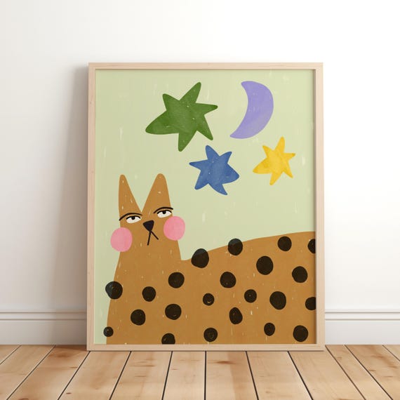 Leopard Nursery Print Whimsical Moon And Stars Wall Art Pastel Bunny Poster Jungle Safari Decor Boho Quirky Artwork Kids Room