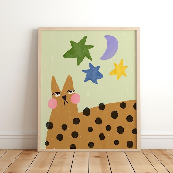 Playful Spotted Cat With Colorful Stars And Purple Moon Wall Art