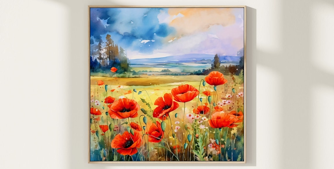 Summer Red Poppy Field Watercolor Countryside Landscape Poster