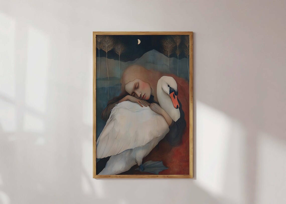 Moonlit Swan Embrace Dreamy Ethereal Woman Sleeping Art Poster