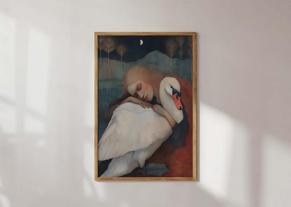 Dreamy Wall Art Modern Symbolic Fine Ethereal Swan Serene Woman Bird Print Mystical Moon Decor