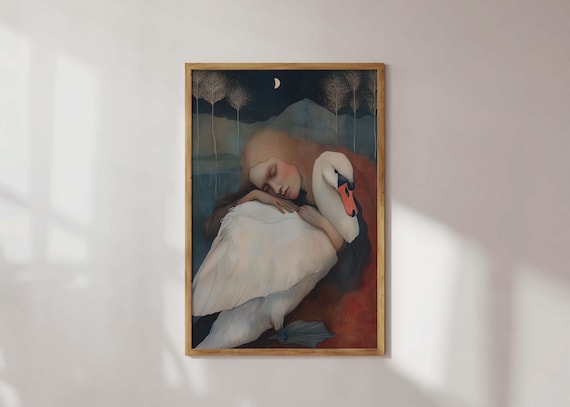 Moonlit Swan Embrace Dreamy Ethereal Woman Sleeping Art Poster