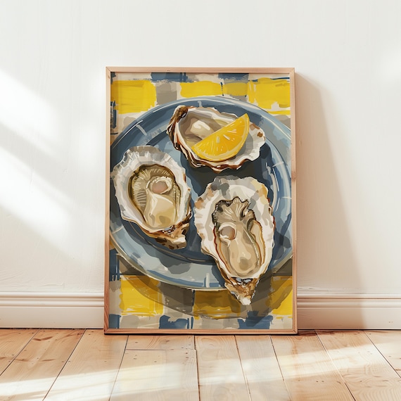 Fresh Oysters on Plate Lemon Slice Coastal Still Life Art Poster