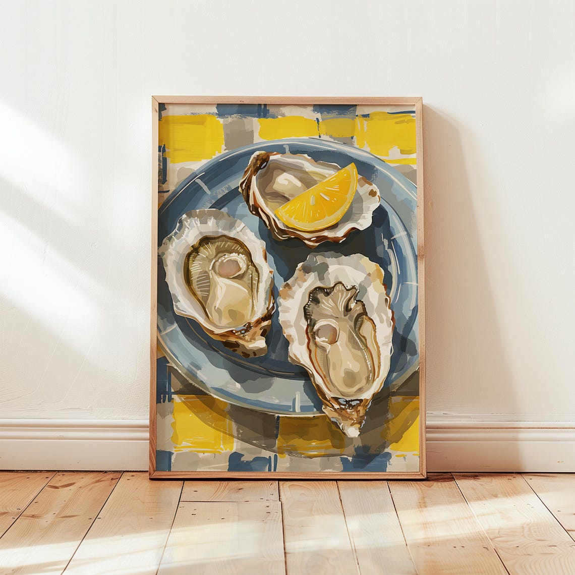 Fresh Oysters on Plate Lemon Slice Coastal Still Life Art Poster