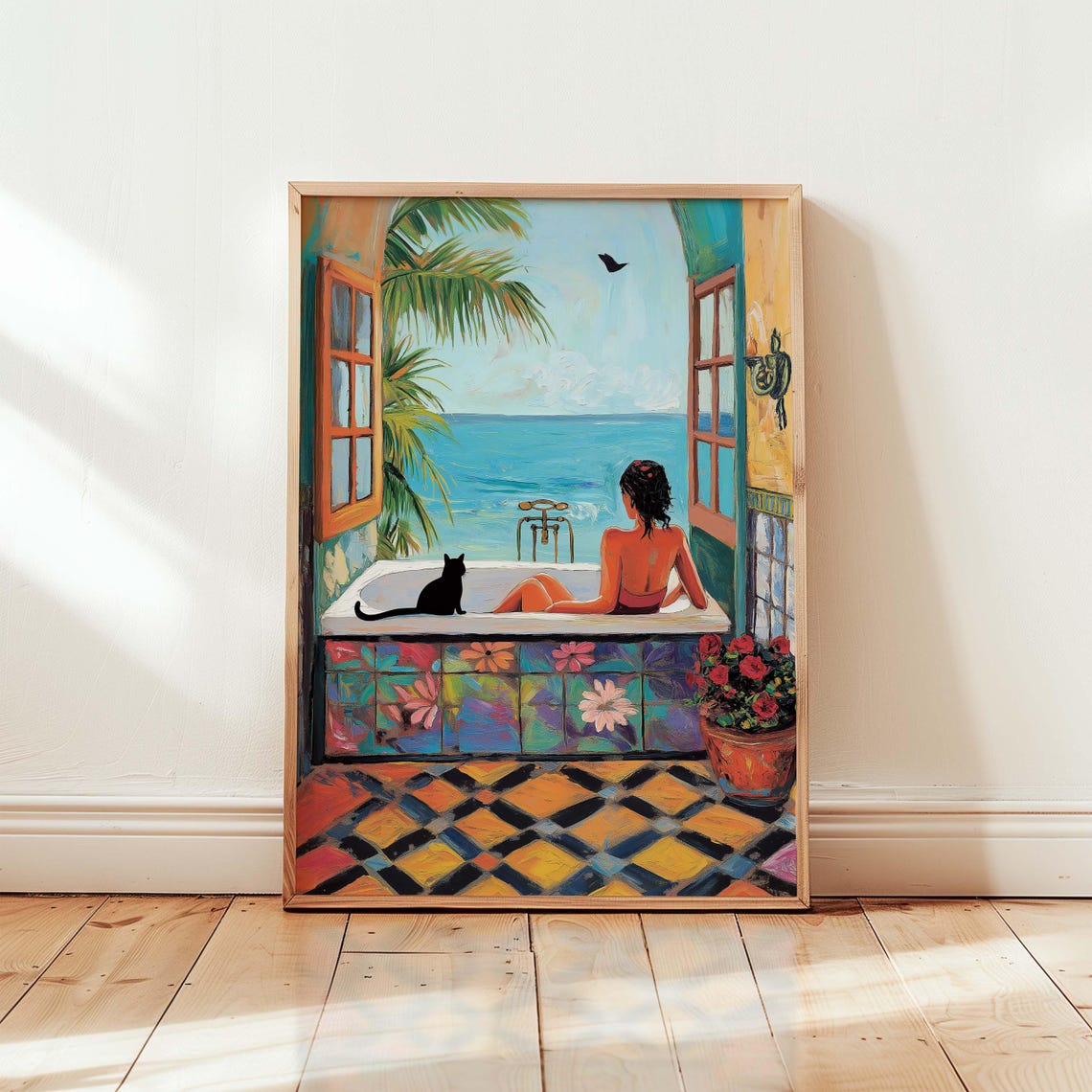 Woman Bathing With Black Cat Overlooking Ocean Colorful Poster