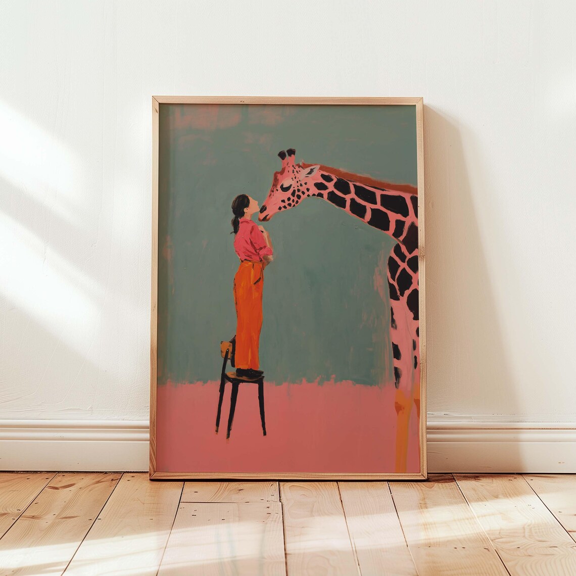 Giraffe And Girl Whimsical Animal Art Print