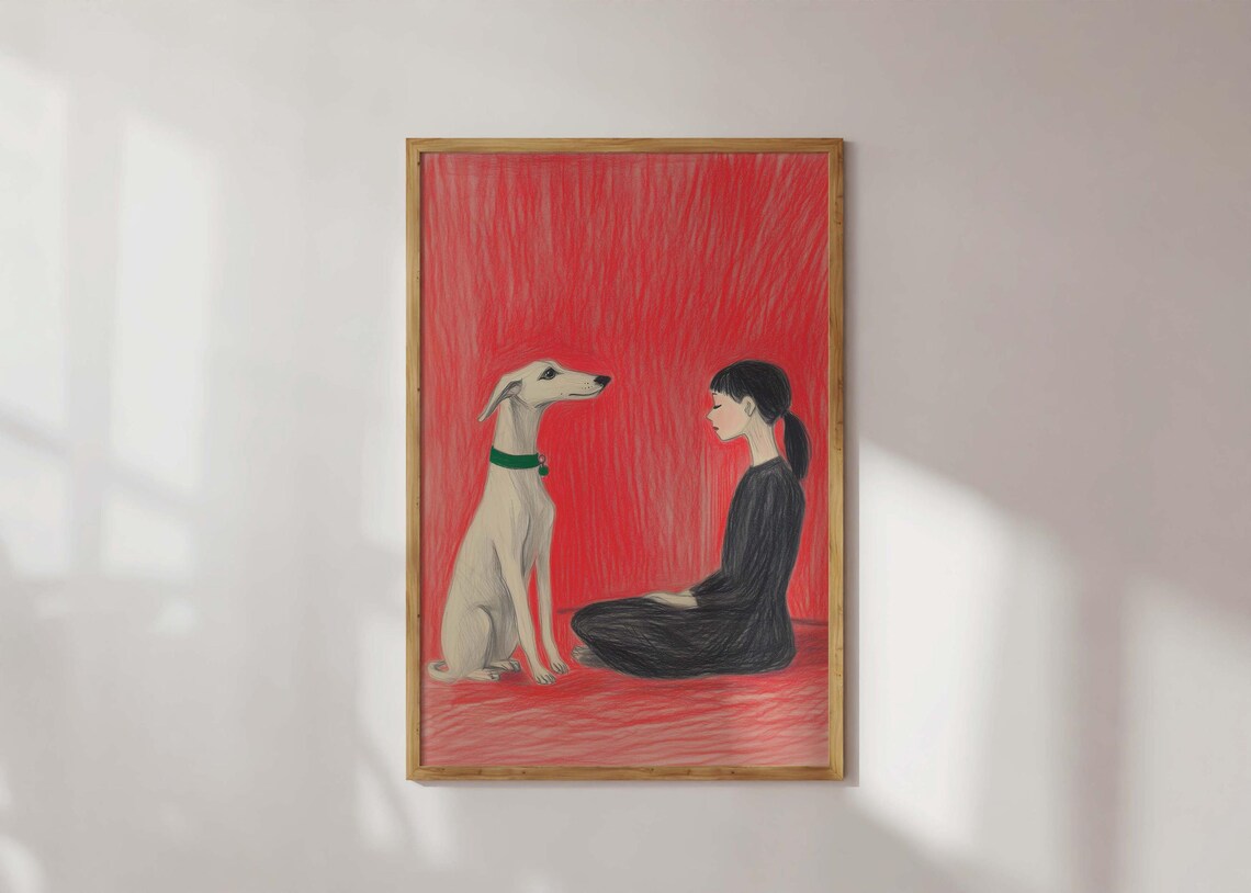 Girl And Dog Indie Red Pet Portrait Art Print