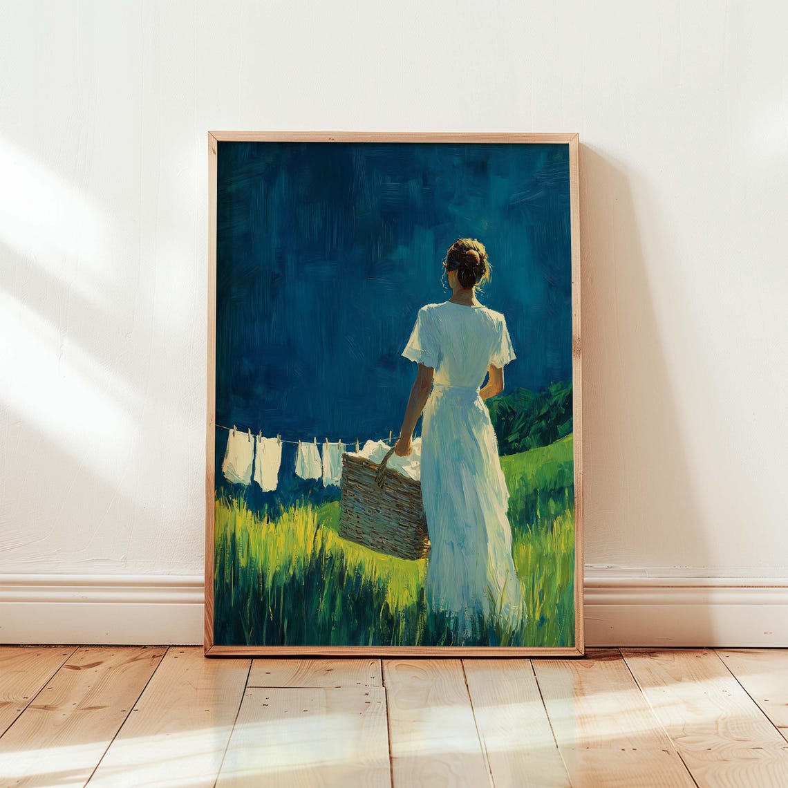 Laundry Day in the Sunlit Meadow Vintage Country Painting Poster