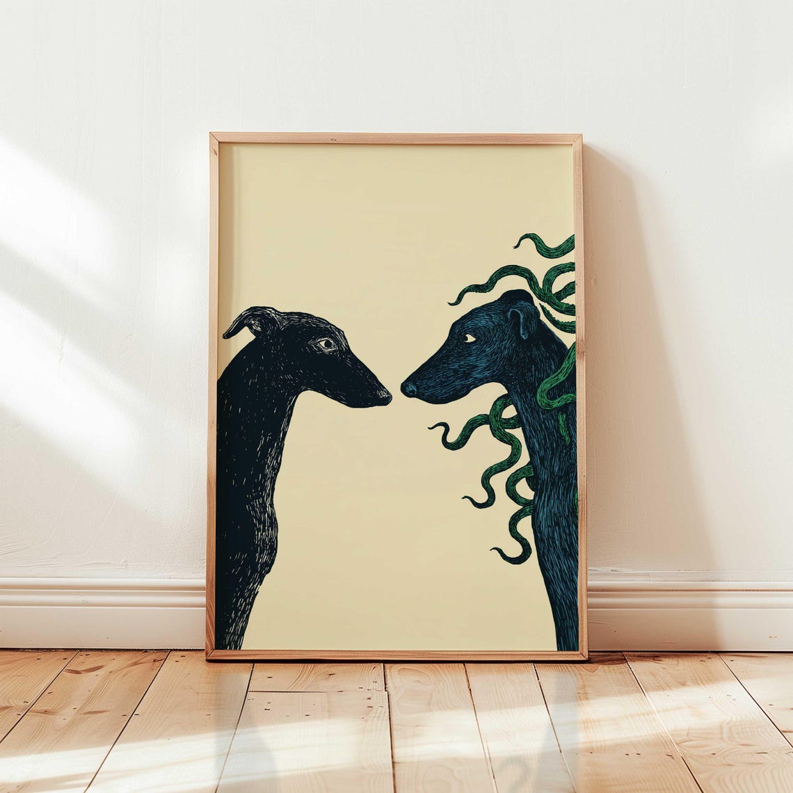 Two Greyhounds Facing Each Other Surreal Dog Illustration Poster