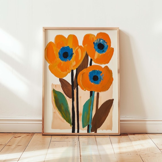 Bold Flower Wall Art Modern Abstract Botanical Retro Print For Bright Maximalist Decor Colorful Dopamine Interior 70s Style