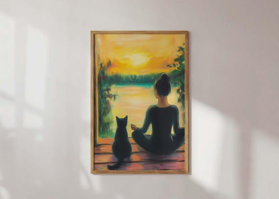 Cat Lover Art Print Modern Spiritual Woman And Boho Zen Wall Decor Mindfulness Energy Sunset Meditation