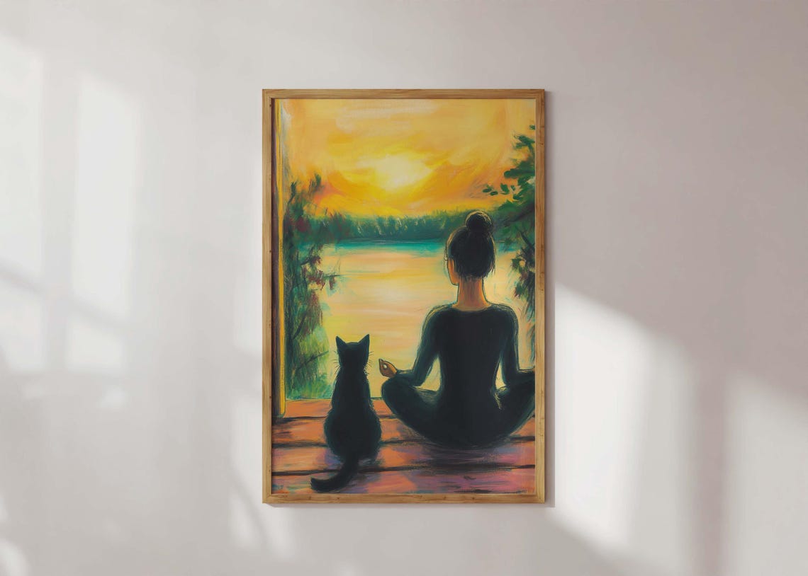 Cat Lover Art Print Modern Spiritual Woman And Boho Zen Wall Decor Mindfulness Energy Sunset Meditation