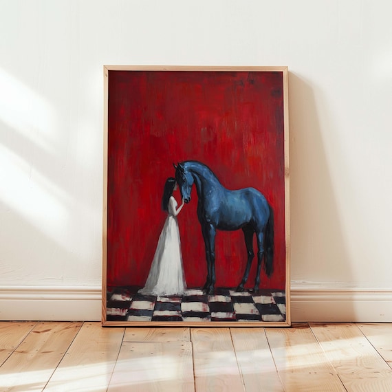 Blue Horse And Girl Art Print Surreal Modern Wall Bold Red Abstract Painting Woman Animal Connection Equestrian Dream Decor