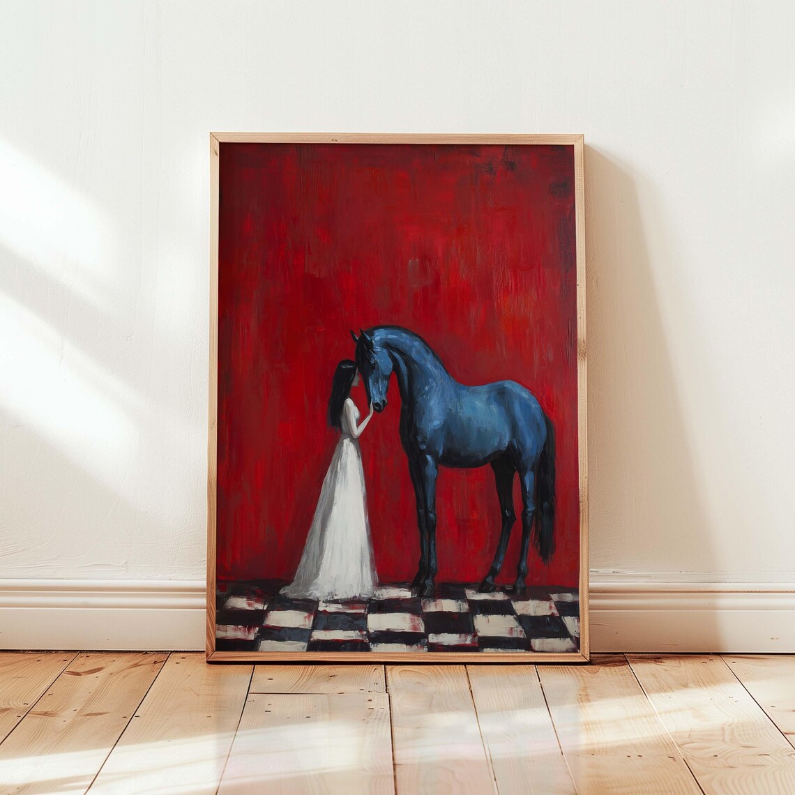 Girl and Blue Horse Surreal Red Background Dreamlike Art Poster