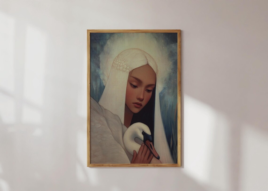 Veiled Woman And Swan Moonlit Ethereal Fantasy Portrait Poster