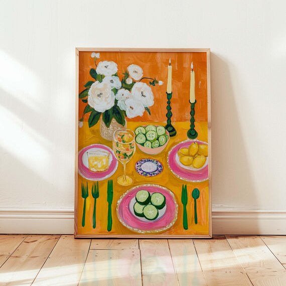 Trendy Colorful Kitchen Art Playful Still Life Print Nave Dining Table Painting Bold Home Decor Vibrant Food Illustration