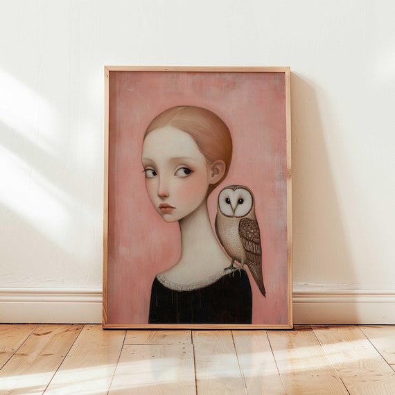 Surreal Girl with Barn Owl on Shoulder Pink Gothic Portrait Poster