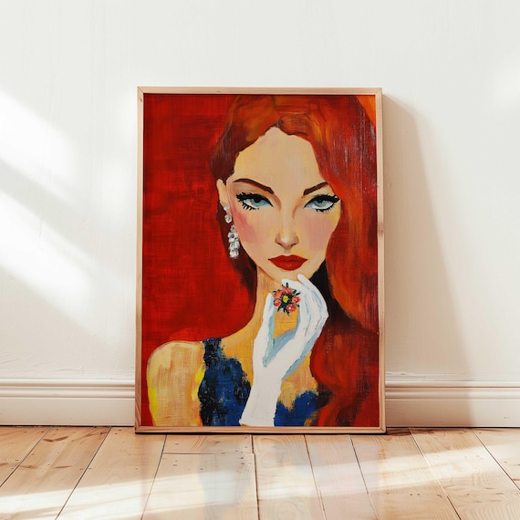 Vibrant Woman Portrait Art Whimsical Wall Colorful Fashion Illustration Modern Feminine Decor Bold Playful