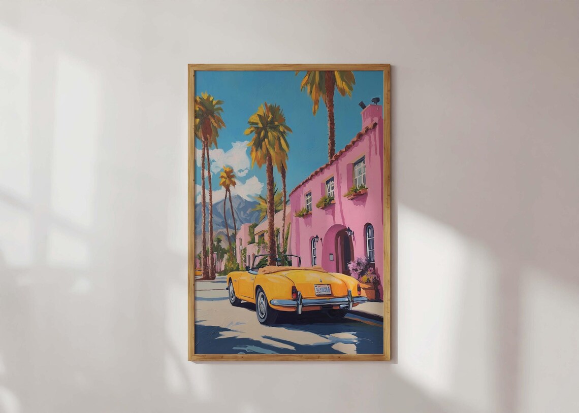 Palm Springs Yellow Convertible Pink Hotel Retro Travel Poster