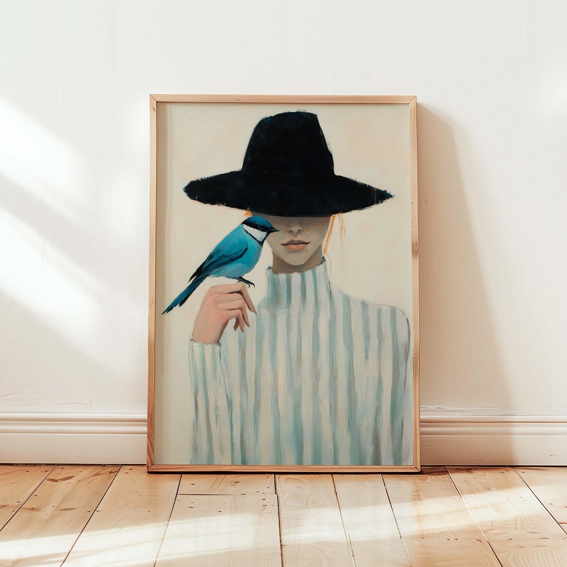 Surrealist Woman Portrait Art Print, Minimalist Blue Bird