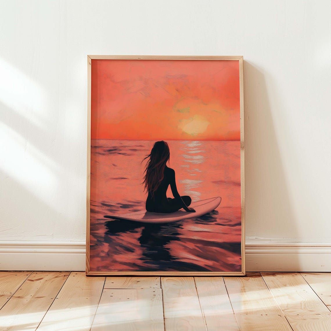 Surfer Girl Sunset Silhouette Ocean Coral Pink Wave Scene Poster