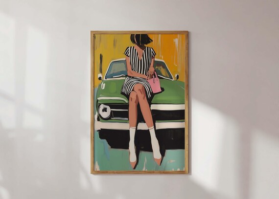 Modern Fashion Art Print Contemporary Wall Retro Car With Stylish Woman Bold Green Sports Painting Midcentury Decor