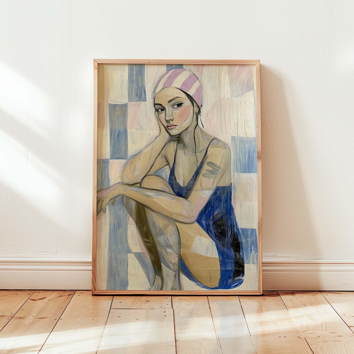 Retro Swimmer in Striped Cap Pastel Figurative Coastal Art Poster