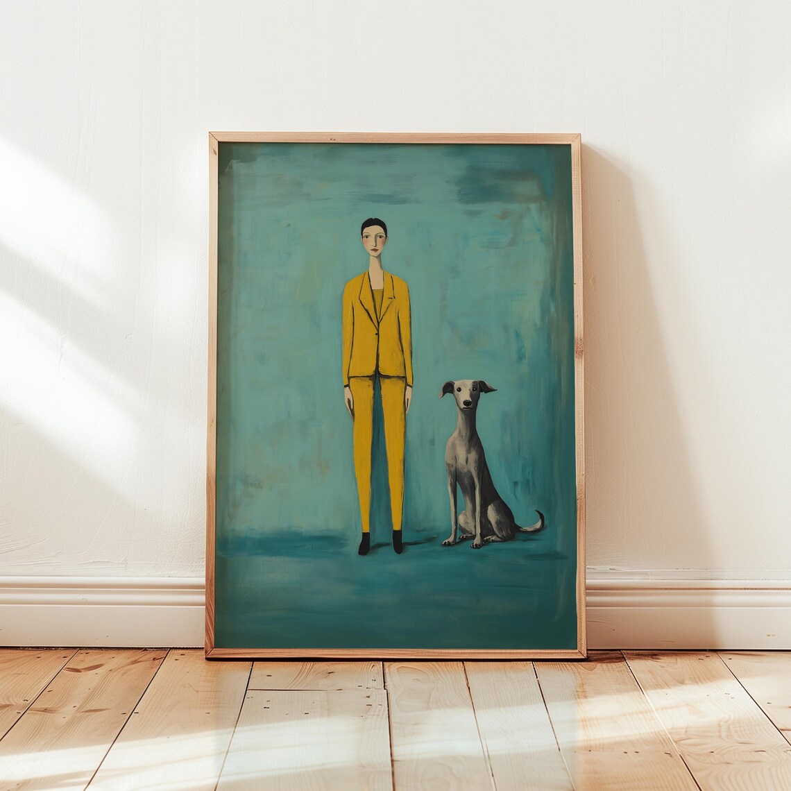 Woman and Greyhound Dog, Minimalist Pet Portrait