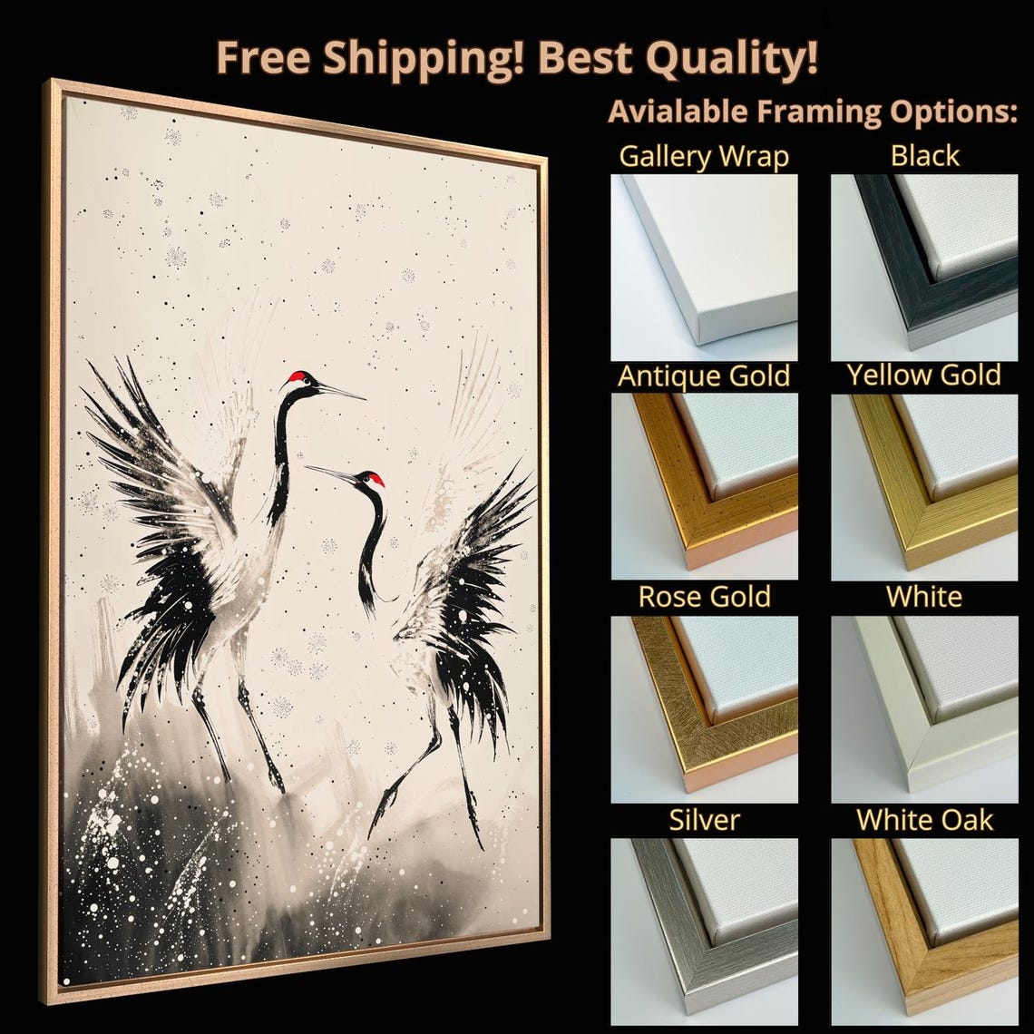 Dancing Cranes Japanese Ink Wash Black White Oriental Bird Art Poster - Image 5