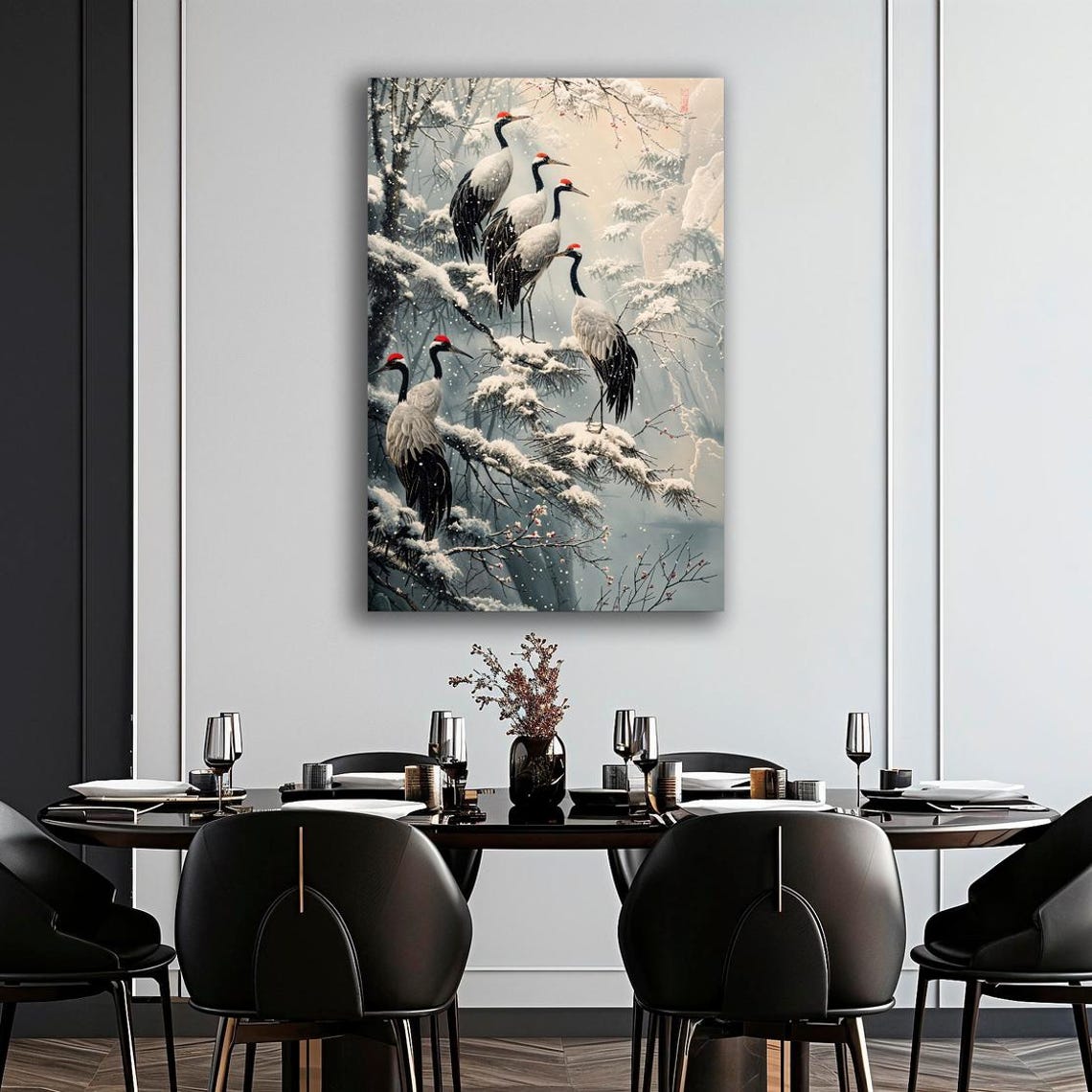 Red Crowned Cranes Snowy Pine Tree Japanese Winter Wildlife Poster - Image 2