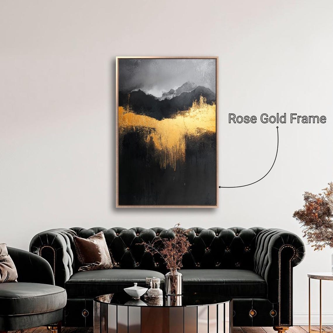 Abstract Black Gold Gray Mountain Brushstroke Modern Art Print - Image 2