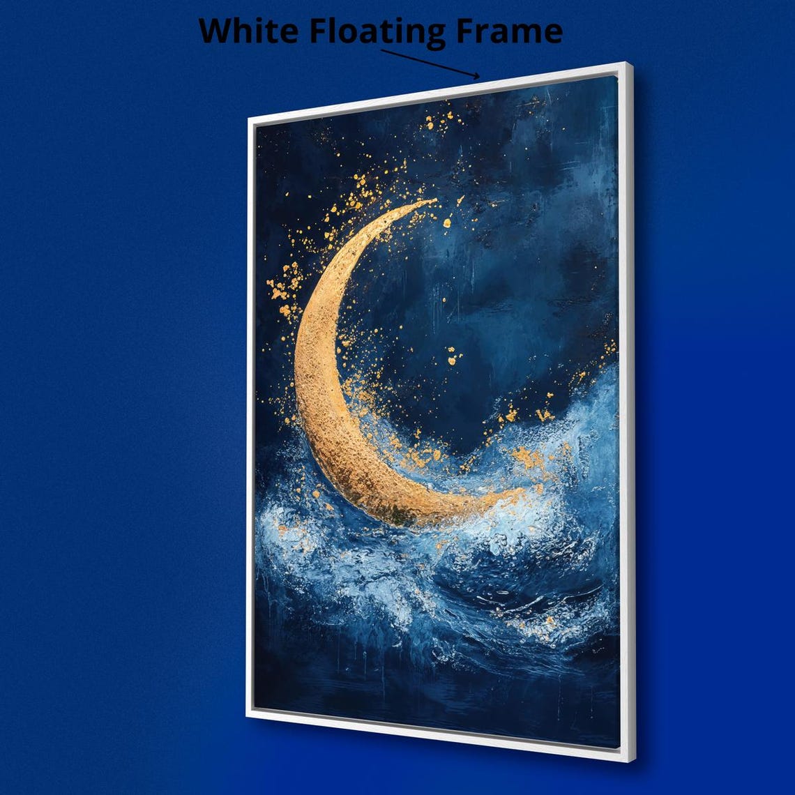 Dreamy Golden Crescent Moon Deep Blue Ocean Waves Night Art Print - Image 3