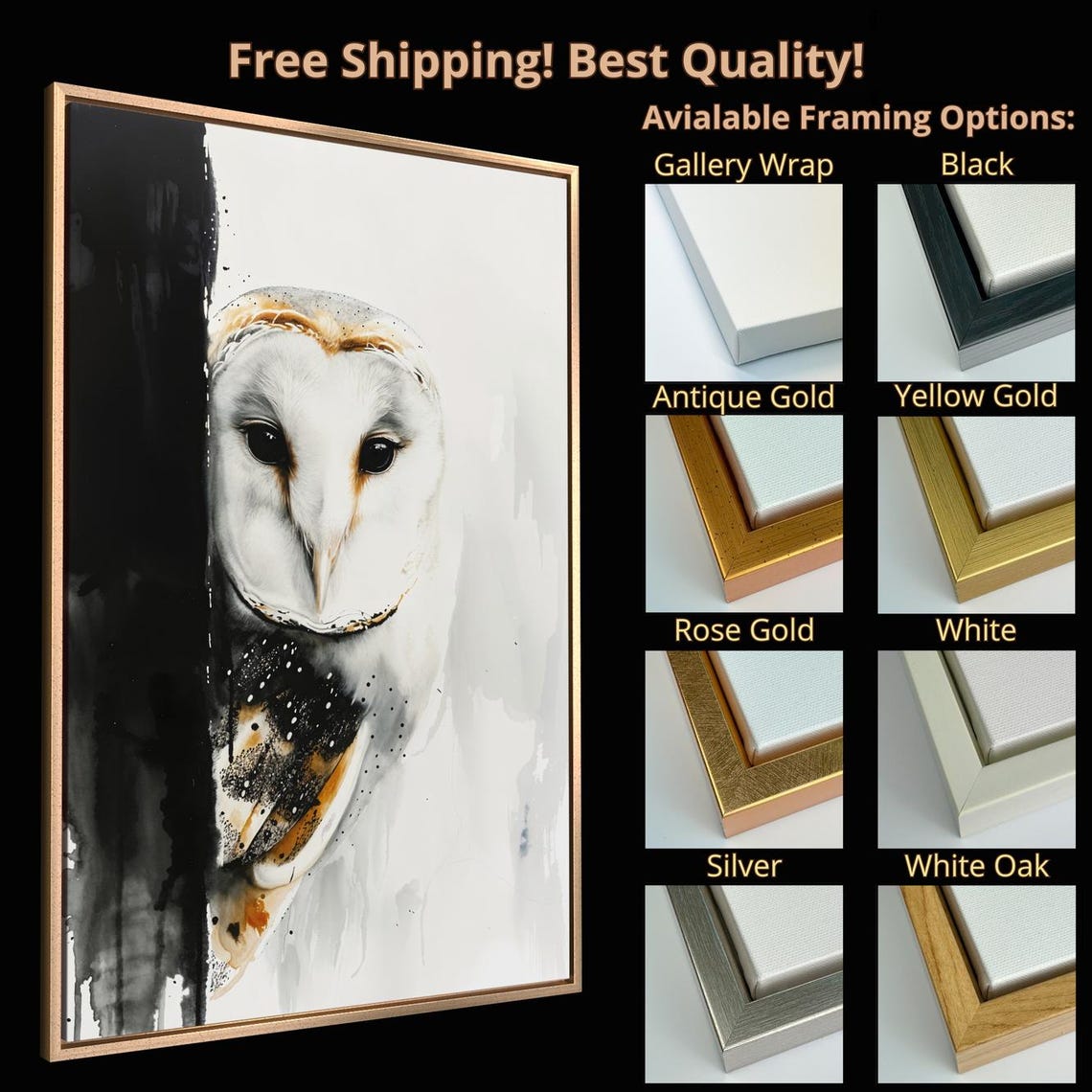 Barn Owl Portrait Black White Gold Bird Of Prey Watercolor Poster - Image 4