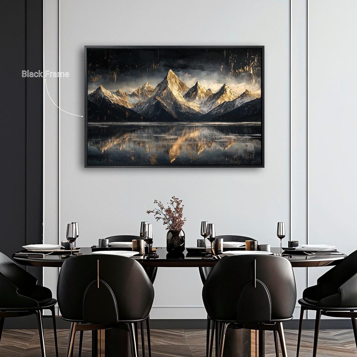 Golden Snowy Mountain Peaks Lake Reflection Panoramic Landscape Print - Image 2