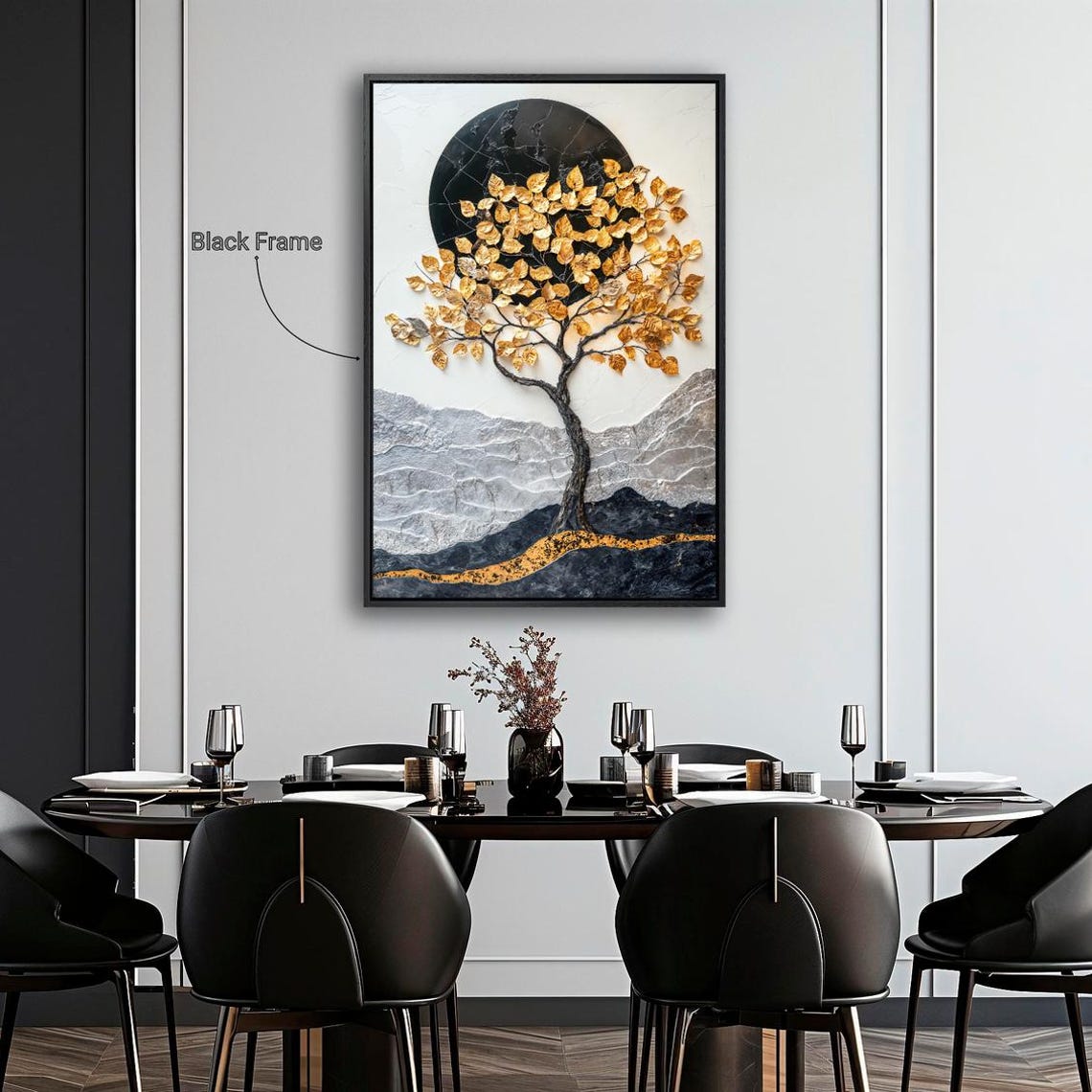 Mystical Golden Tree Black Moon Circle Textured Mountain Art Print - Image 2