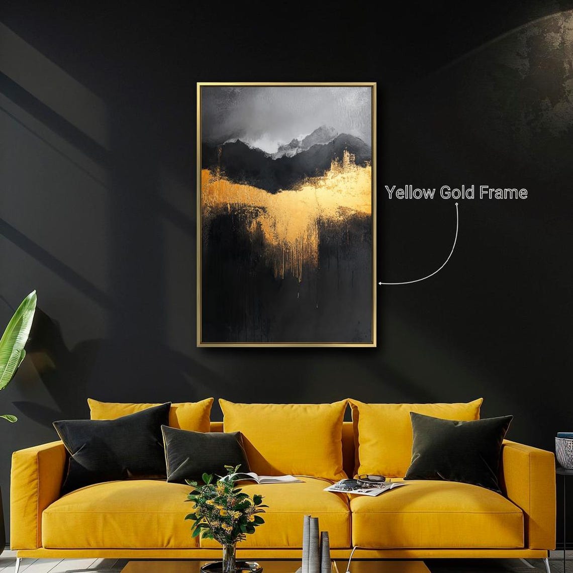 Abstract Black Gold Gray Mountain Brushstroke Modern Art Print - Image 4