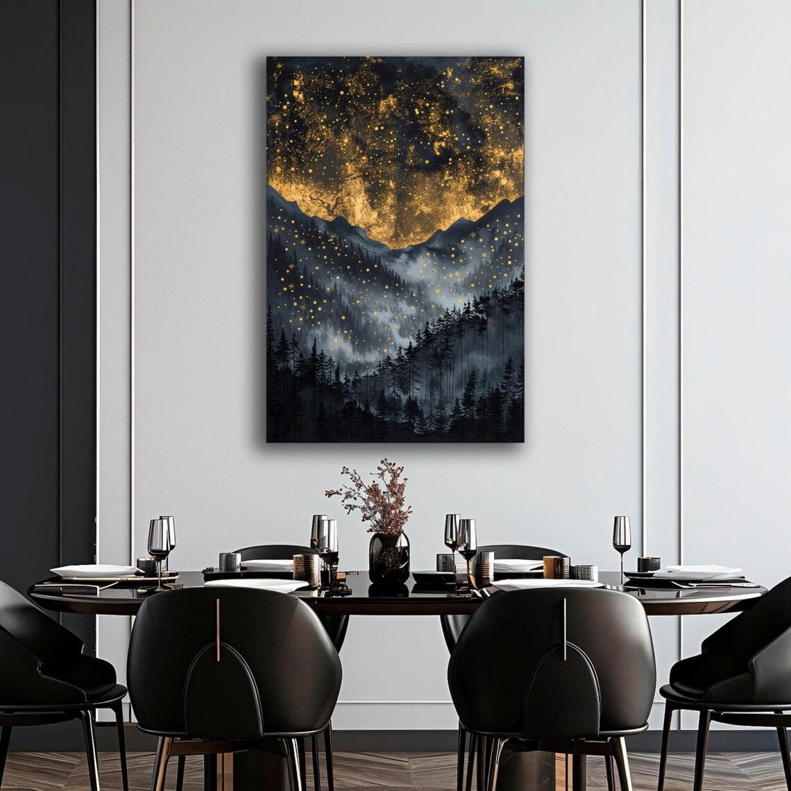 Starry Night Sky Gold Stars Dark Mountain Pine Forest Fantasy Art Poster - Image 2