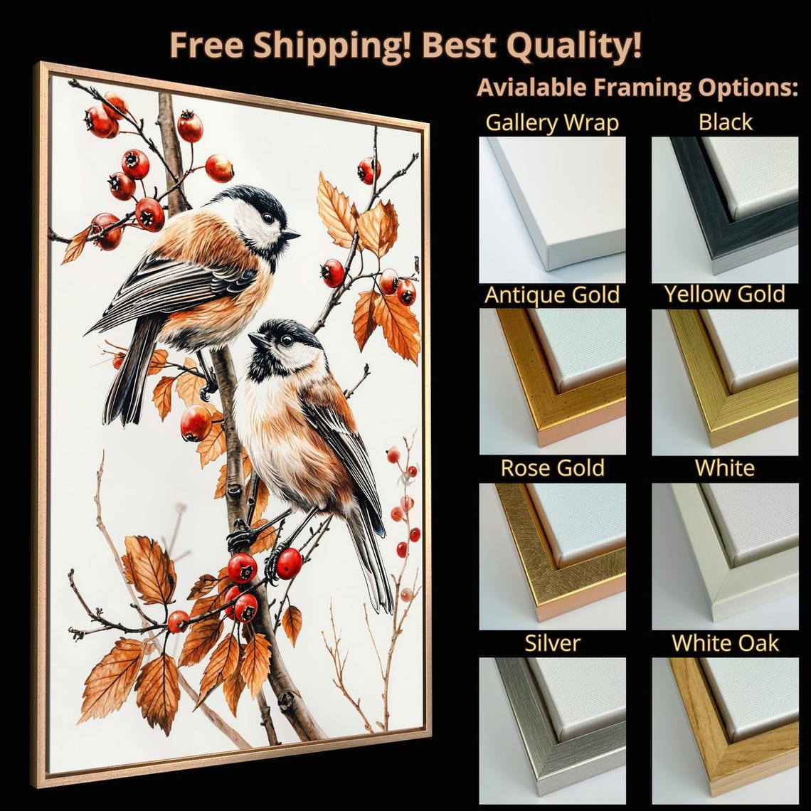 Two Black Capped Chickadees Red Berries Bird Wildlife Art Poster - Image 5