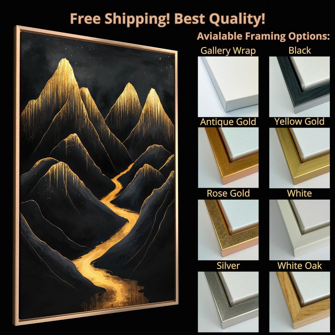 Black Mountain Peaks Gold Drip Ridges Golden River Art Print - Image 5